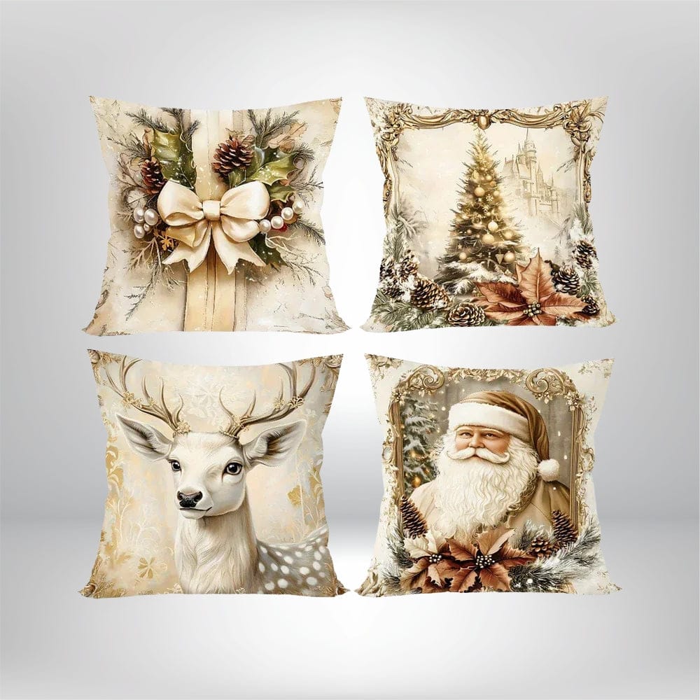 Quatre coussins décoratifs aux motifs de Noël, avec des couleurs douces et des illustrations de cerf, sapin et Père Noël
