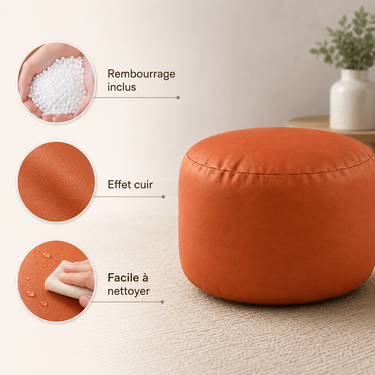 Petit pouf rond avec rembourrage inclus, revêtement effet cuir et entretien facile