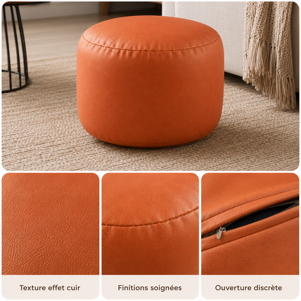 Détails du revêtement effet cuir, des coutures et de l’ouverture du petit pouf rond