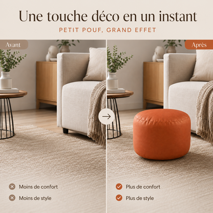 Avant et après l’ajout d’un petit pouf rond orange dans un salon