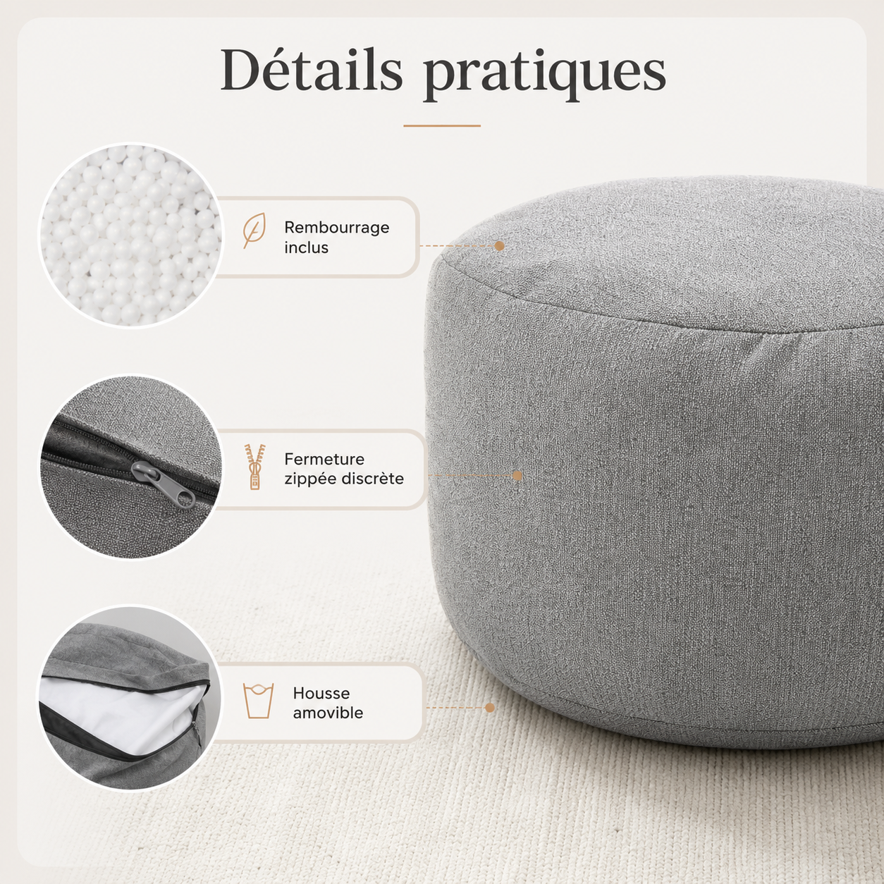 Petit pouf rond avec rembourrage inclus, fermeture zippée et housse amovible