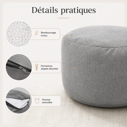 Petit pouf rond avec rembourrage inclus, fermeture zippée et housse amovible