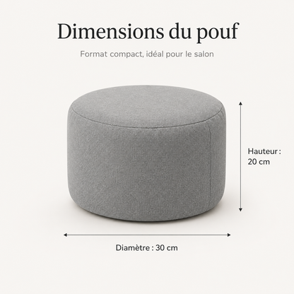 Dimensions du petit pouf rond : 30 cm de diamètre et 20 cm de hauteur