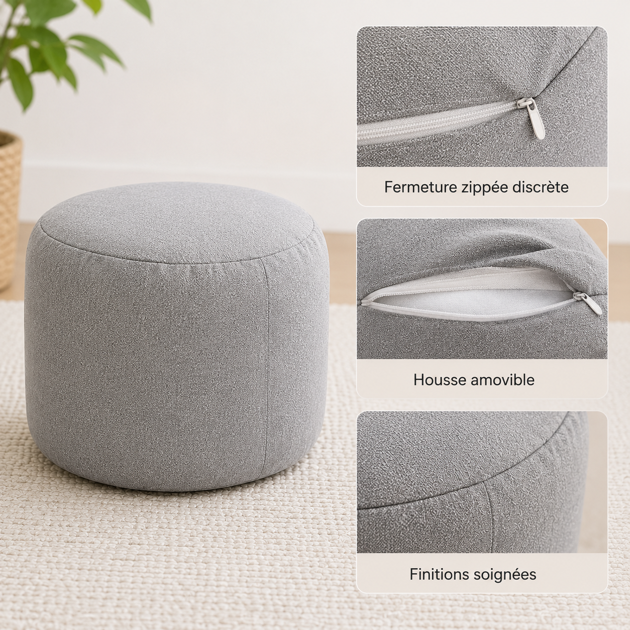 Détails de la fermeture zippée et de la housse amovible du petit pouf rond