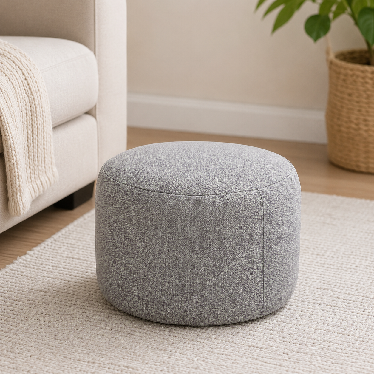 Petit pouf rond multicolore pour salon en gris clair près d’un canapé