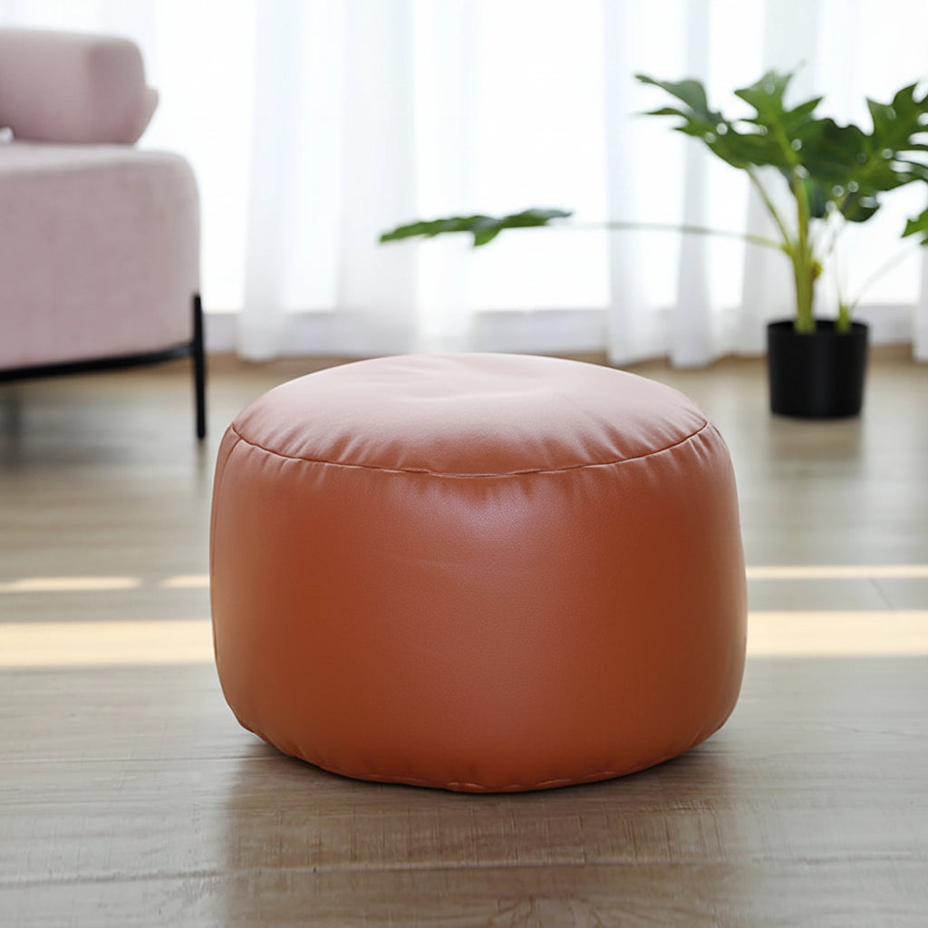 Petit pouf rond repose-pieds effet cuir orange terracotta