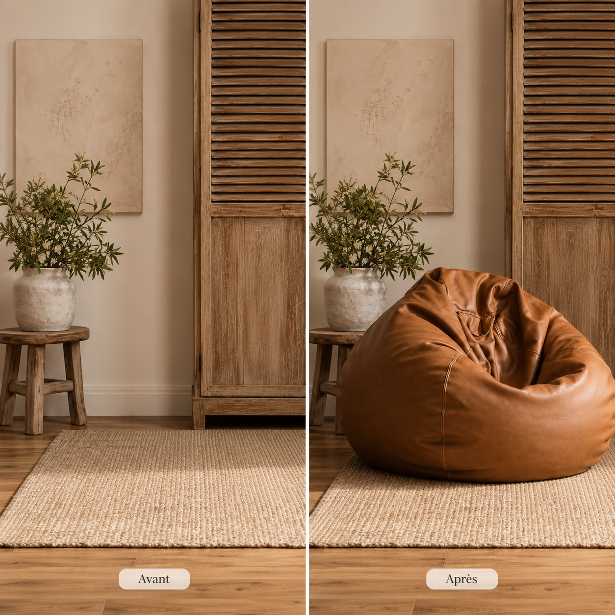Avant et après l’ajout d’un pouf poire géant effet cuir dans un coin détente