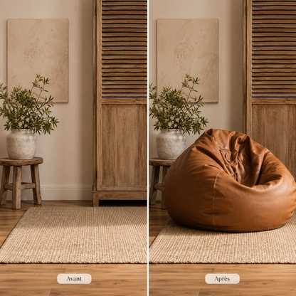 Avant et après l’ajout d’un pouf poire géant effet cuir dans un coin détente