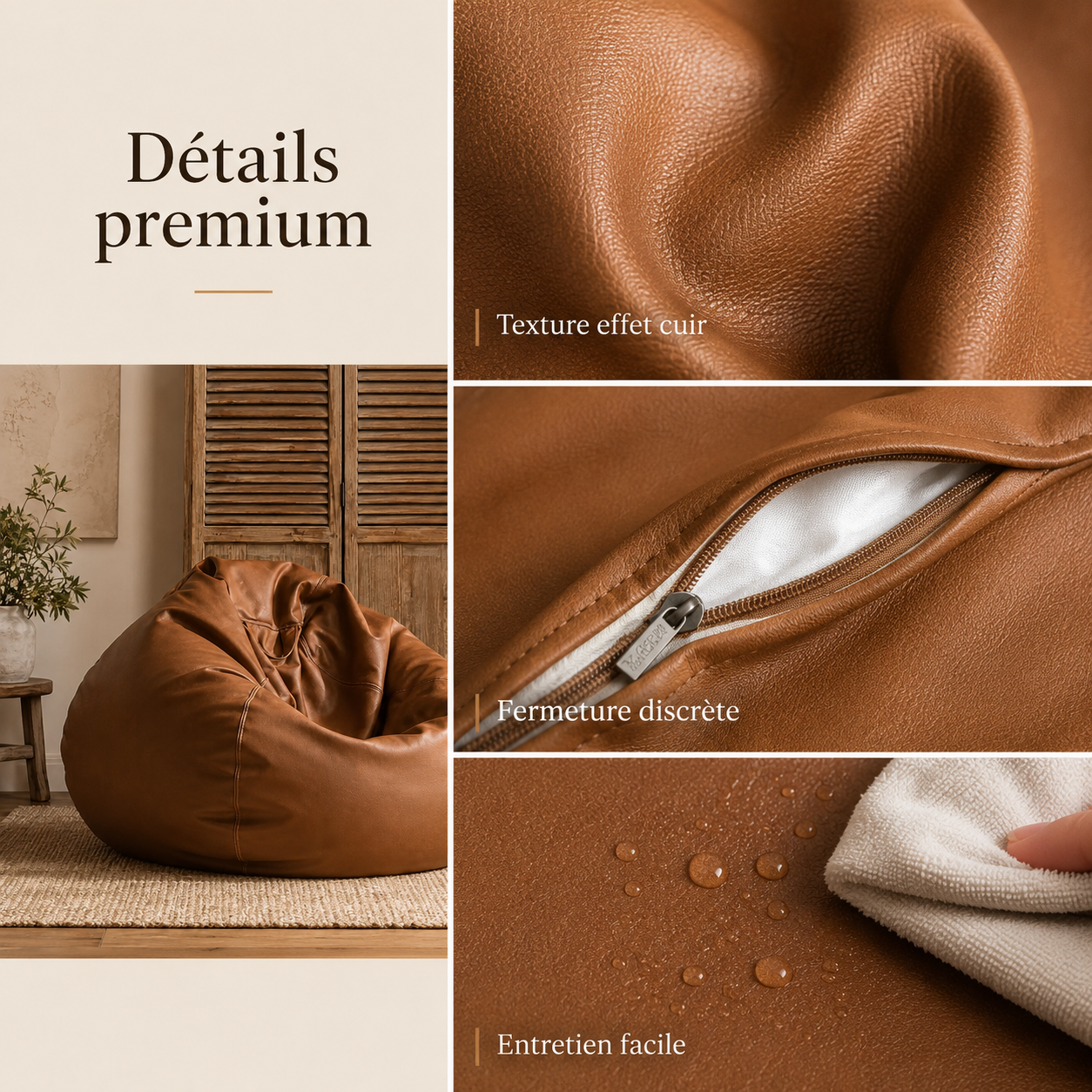 Détails du pouf poire effet cuir avec texture, fermeture zippée et entretien facile