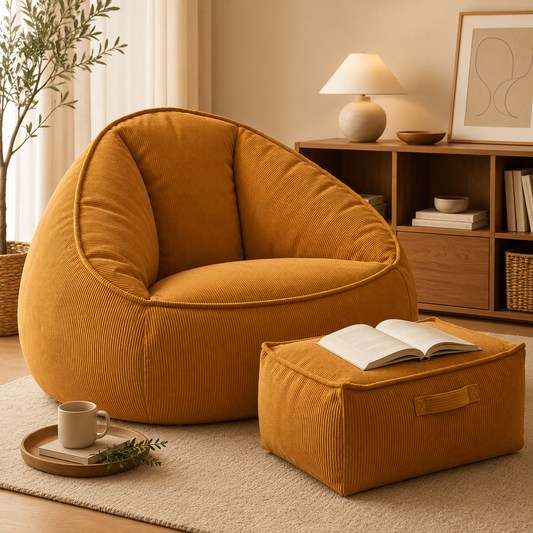 Pouf poire géant avec repose-pieds en tissu côtelé couleur moutarde