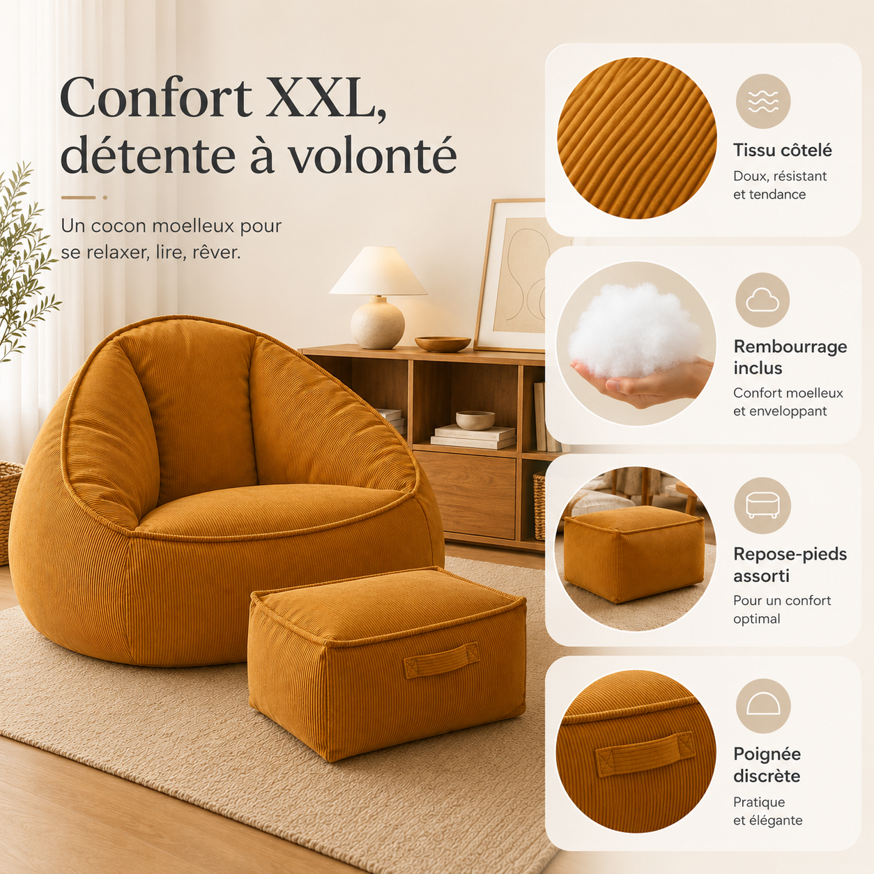 Caractéristiques du pouf poire géant avec tissu côtelé, rembourrage et repose-pieds inclus