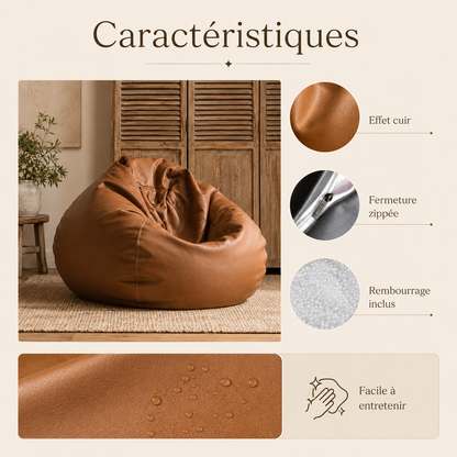 Caractéristiques du pouf poire géant avec revêtement effet cuir et rembourrage inclus