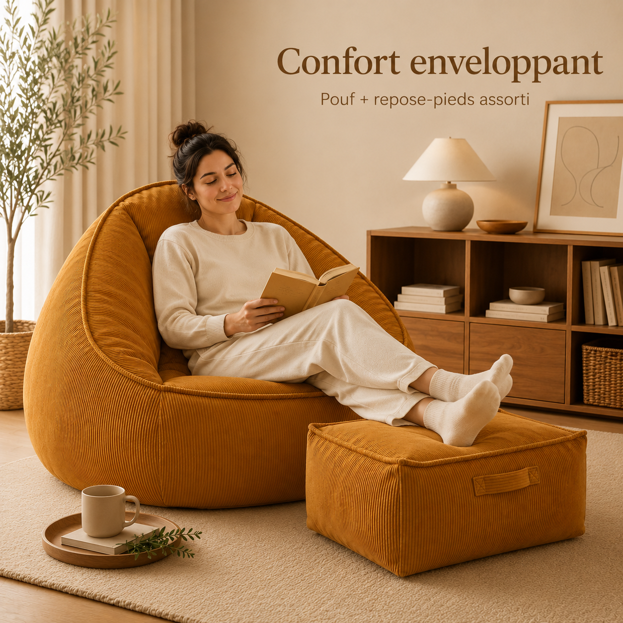 Femme installée dans un pouf poire géant avec les pieds posés sur le repose-pieds assorti