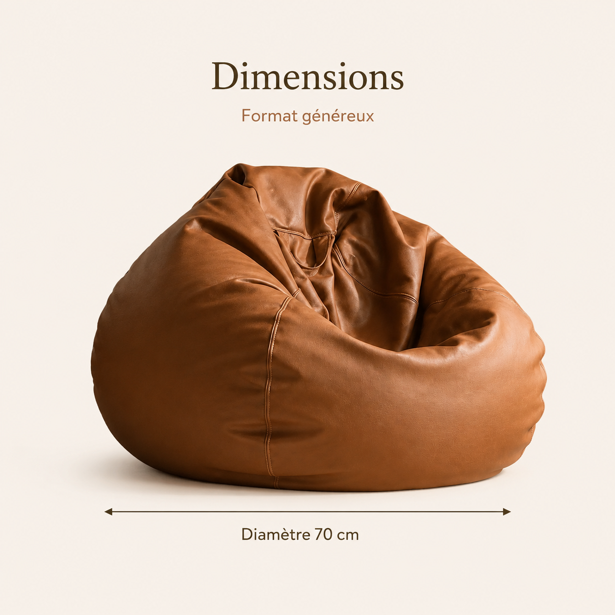 Dimensions du pouf poire géant effet cuir avec diamètre de 70 cm