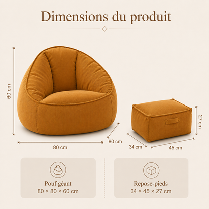 Dimensions du pouf poire géant 80 × 80 × 60 cm et du repose-pieds 34 × 45 × 27 cm