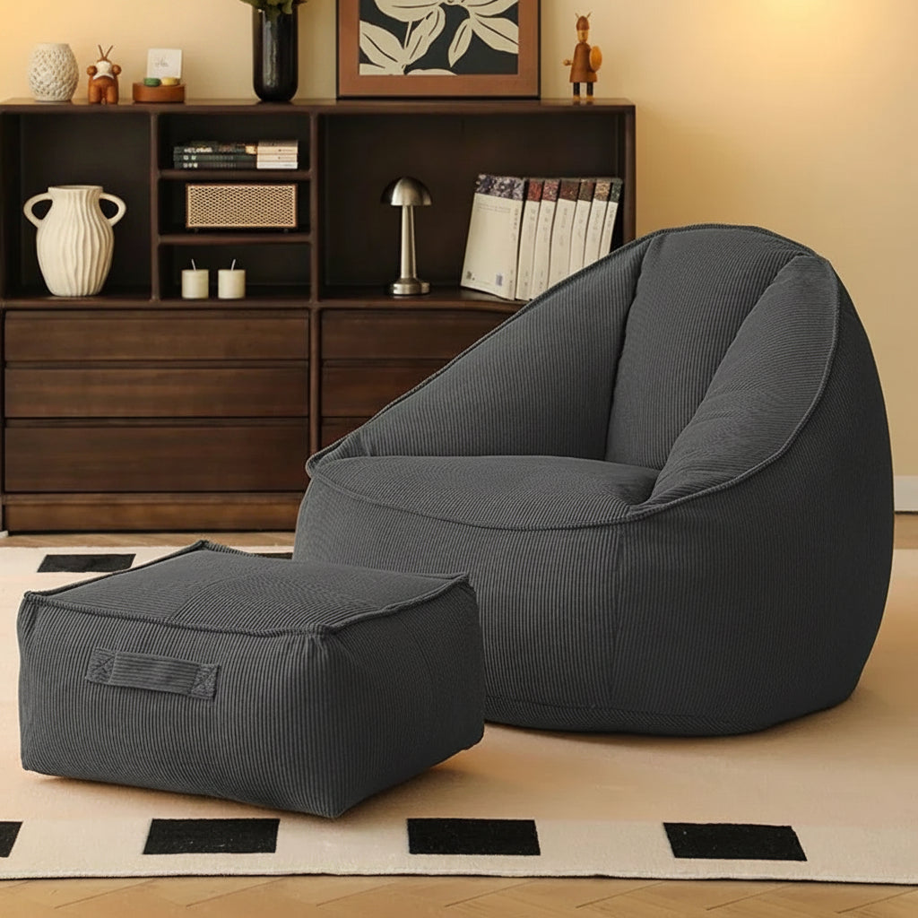 Pouf poire géant avec repose-pieds en gris anthracite