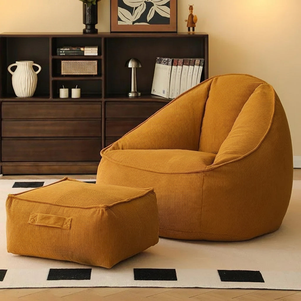Pouf poire géant avec repose-pieds en jaune moutarde