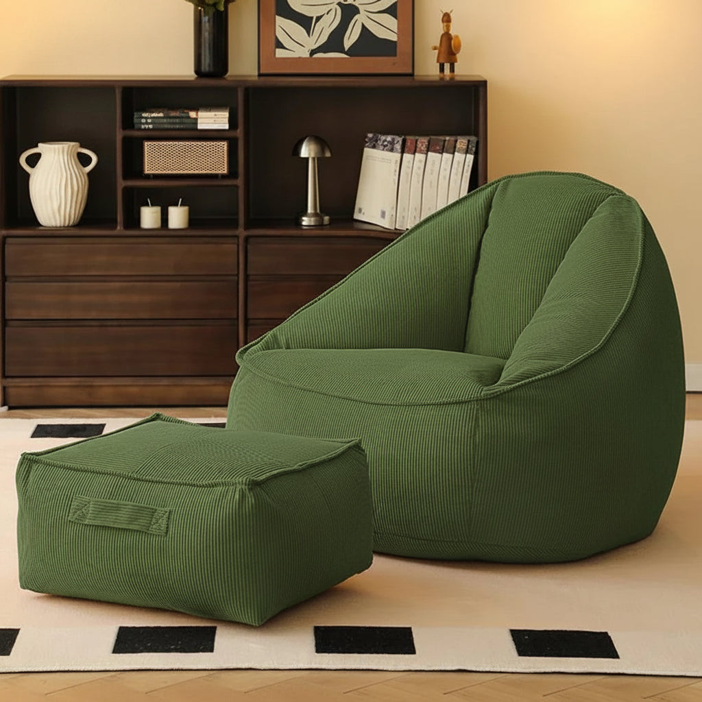 Pouf poire géant avec repose-pieds en vert olive