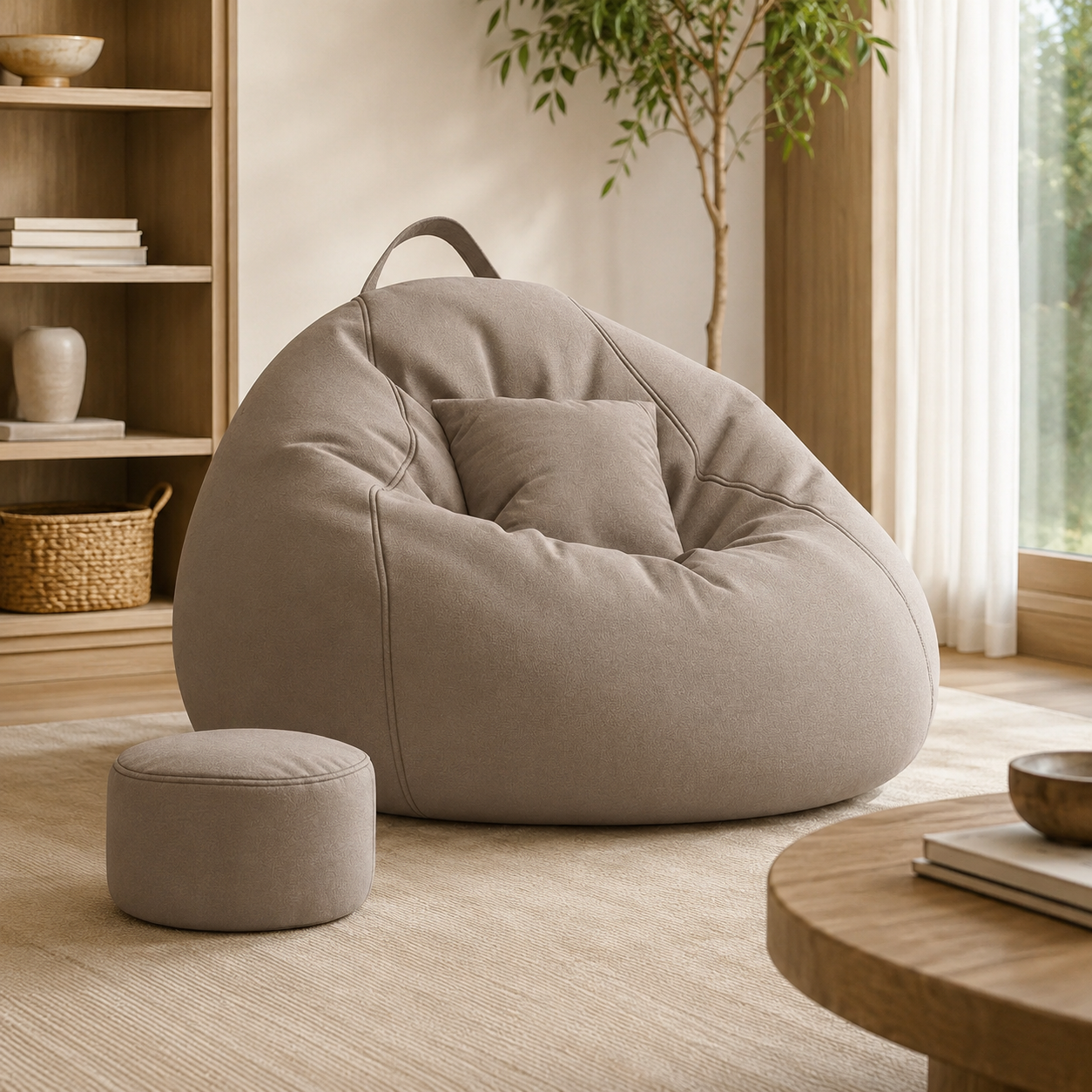 Pouf salon géant gris avec repose-pieds assorti installé dans un coin détente lumineux