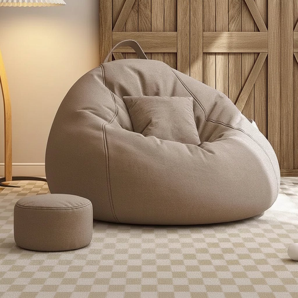 Pouf salon géant beige sable avec repose-pieds assorti