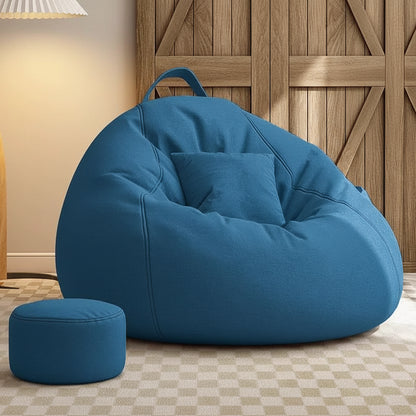 Pouf salon géant bleu pétrole avec repose-pieds assorti
