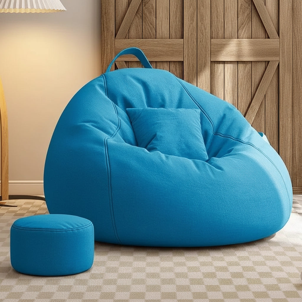 Pouf salon géant bleu turquoise avec repose-pieds assorti