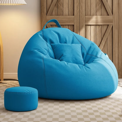 Pouf salon géant bleu turquoise avec repose-pieds assorti