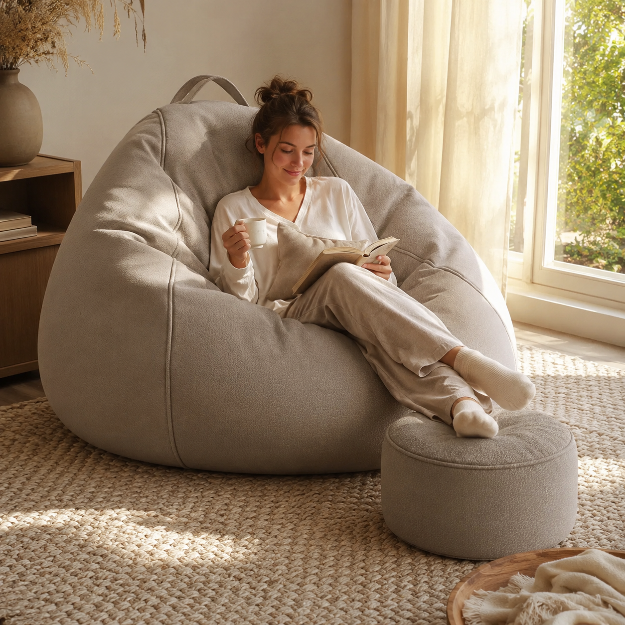 Femme installée dans un pouf salon géant avec repose-pieds pour lire dans un salon