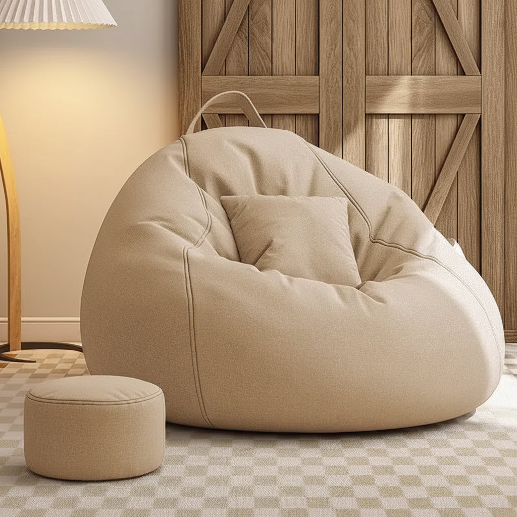 Pouf salon géant crème ivoire avec repose-pieds assorti