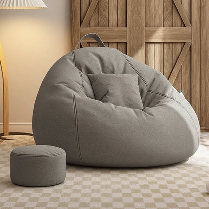 Pouf salon géant gris souris avec petit repose-pieds assorti