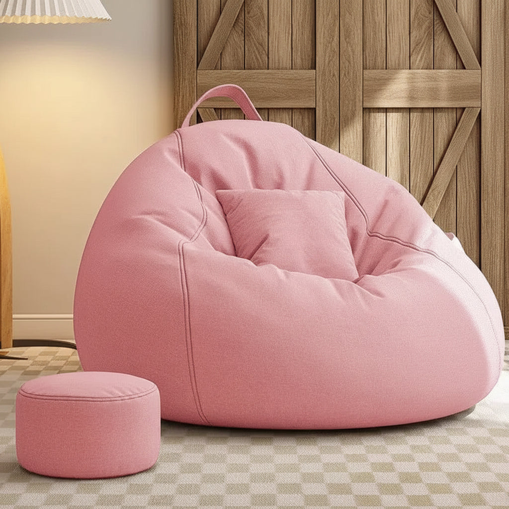 Pouf salon géant rose poudré avec repose-pieds assorti