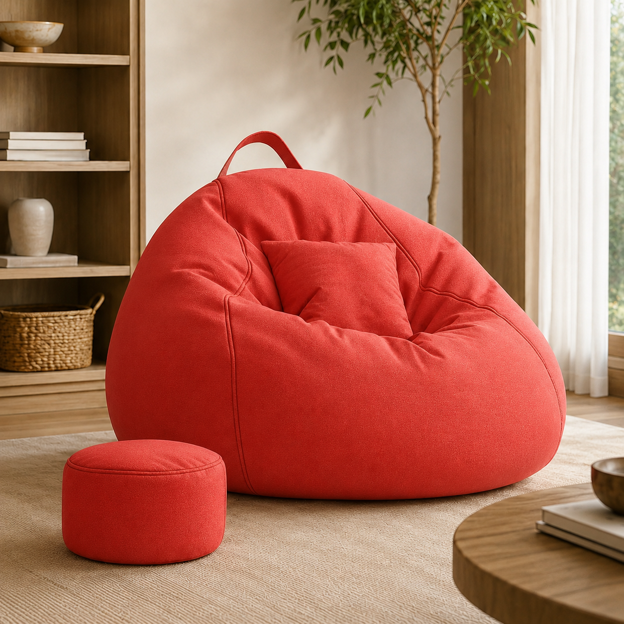 Pouf salon géant rouge avec repose-pieds assorti présenté dans un salon chaleureux