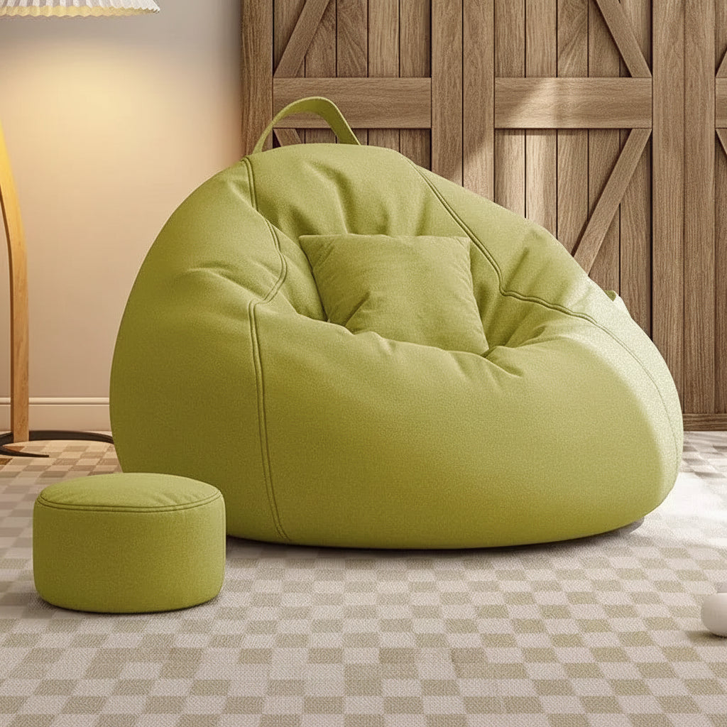 Pouf salon géant vert pistache avec repose-pieds assorti