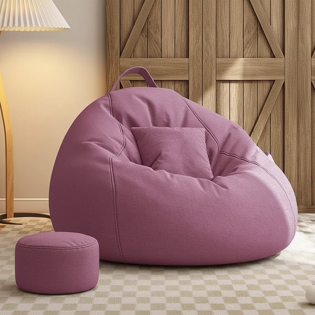 Pouf salon géant violet lilas avec repose-pieds assorti